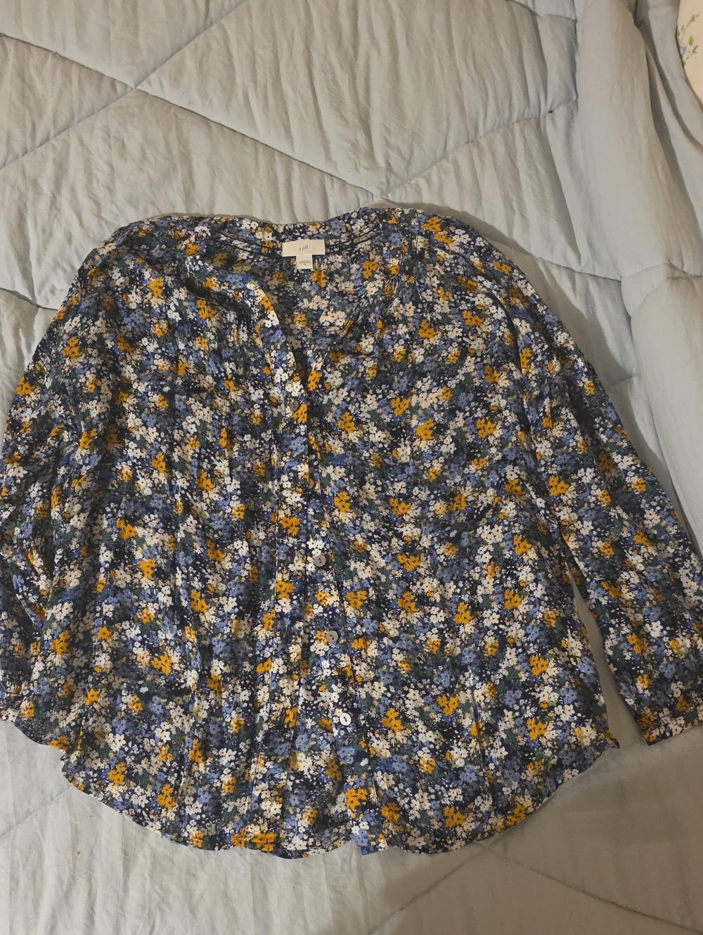 J. Jill Navy Floral Button-Front Blouse with Yellow and White Flowers